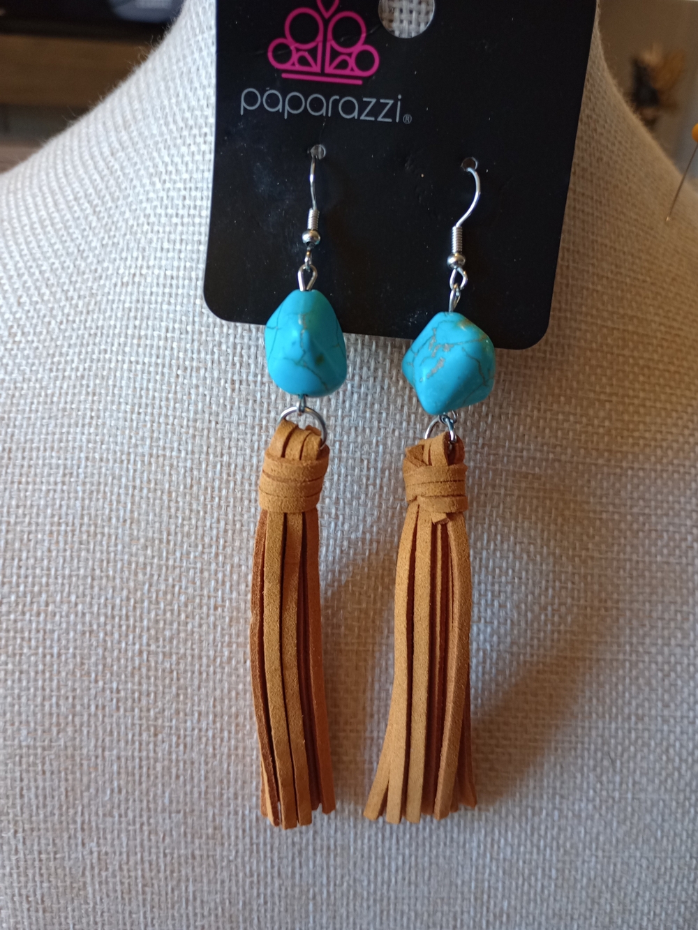 paparazzi Turquoise Stone and Tan Suede Tassel Earrings